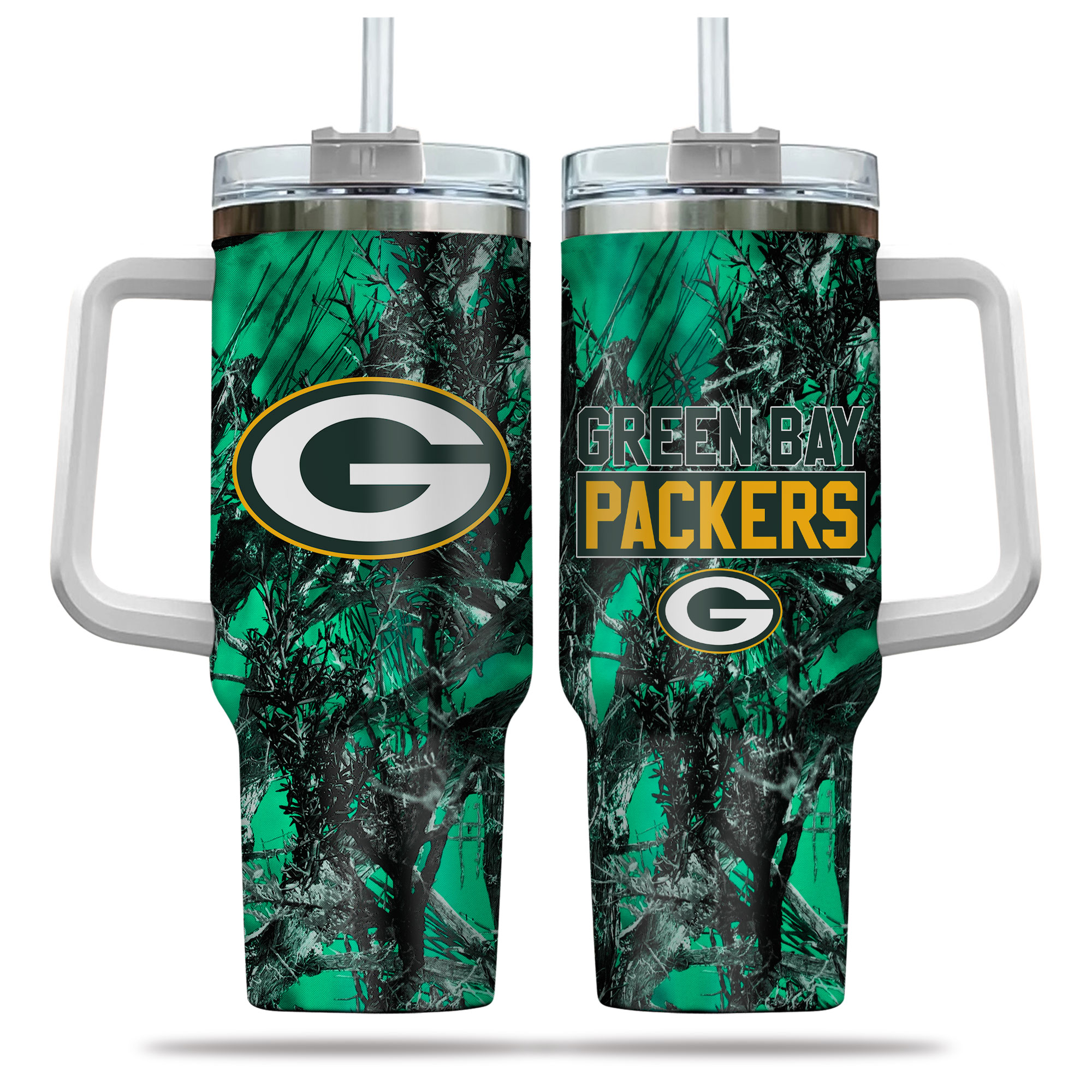 Green Bay Packers NFL Hunting Custom Stanley Quencher 40oz Stainless Steel Tumbler With Handle