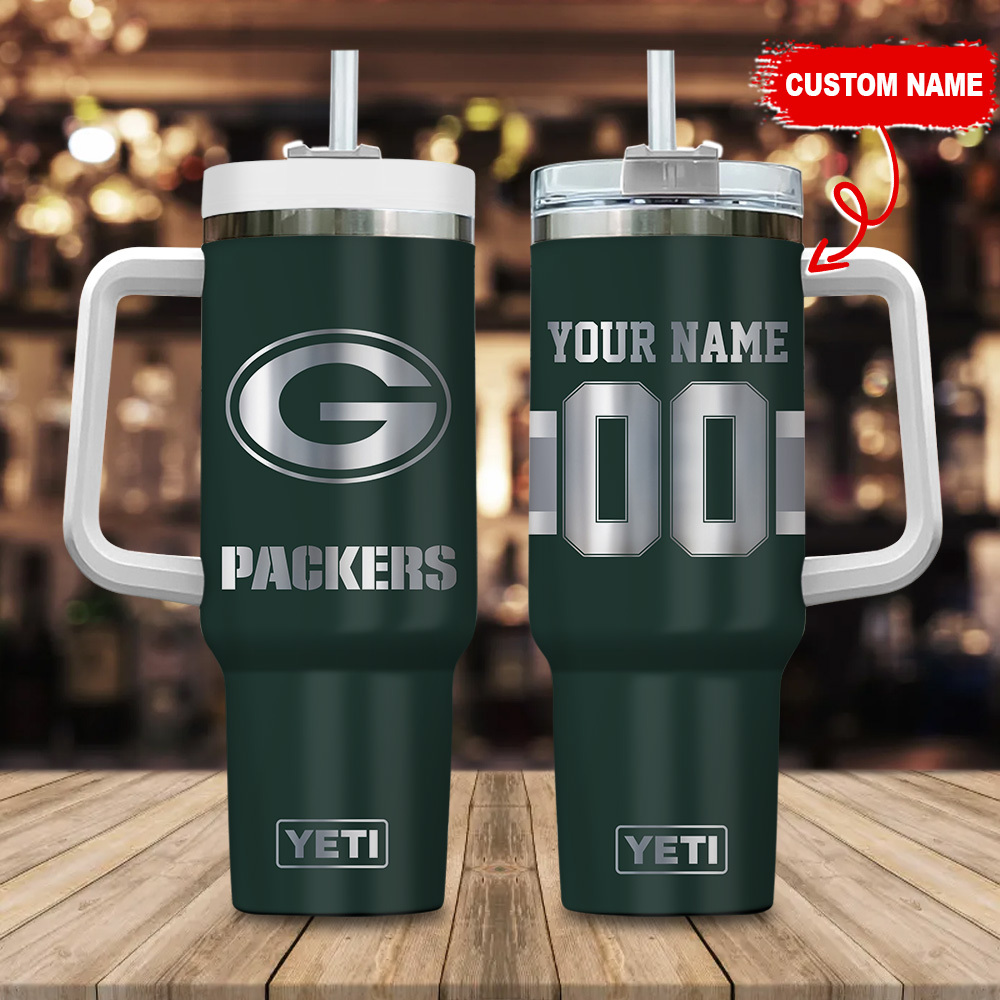 Green Bay Packers NFL Laser Engraved Effect Custom Stanley Quencher 40oz Stainless Steel Tumbler With Handle