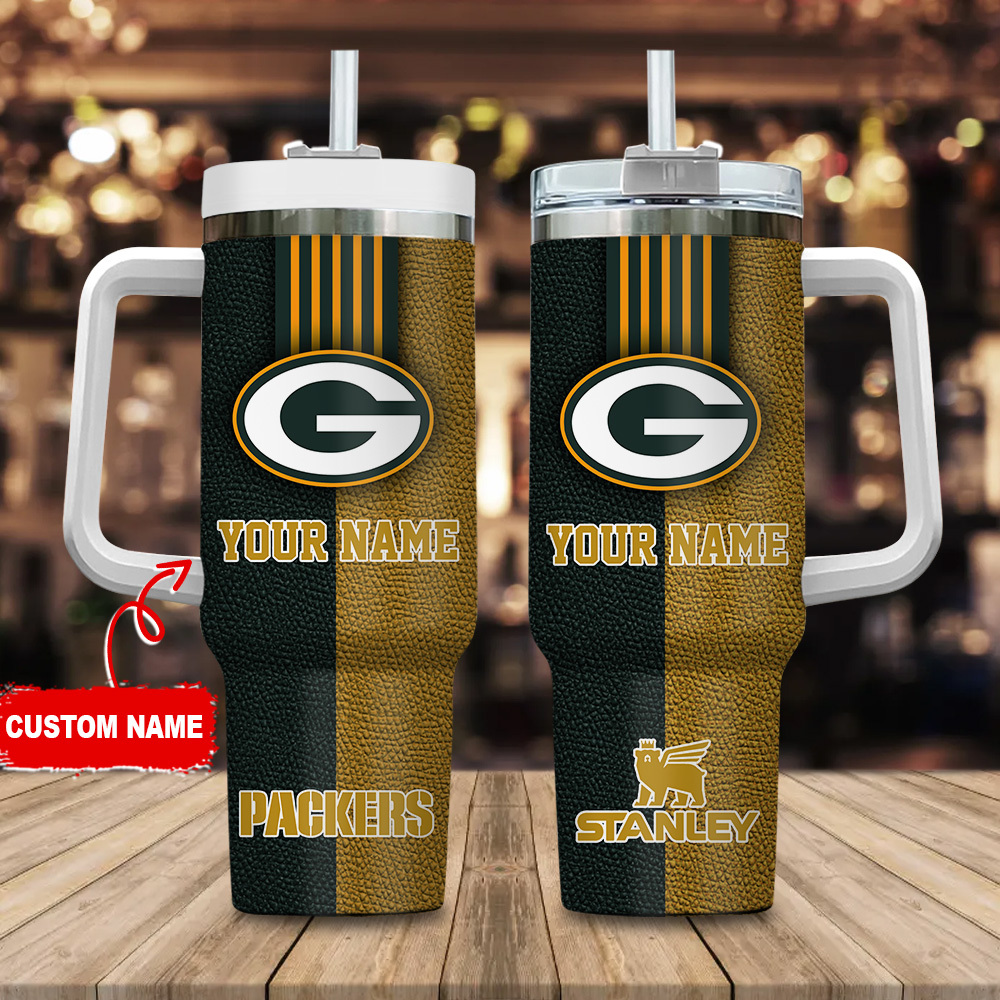Green Bay Packers NFL Leather Effect Custom Stanley Quencher 40oz Stainless Steel Tumbler With Handle