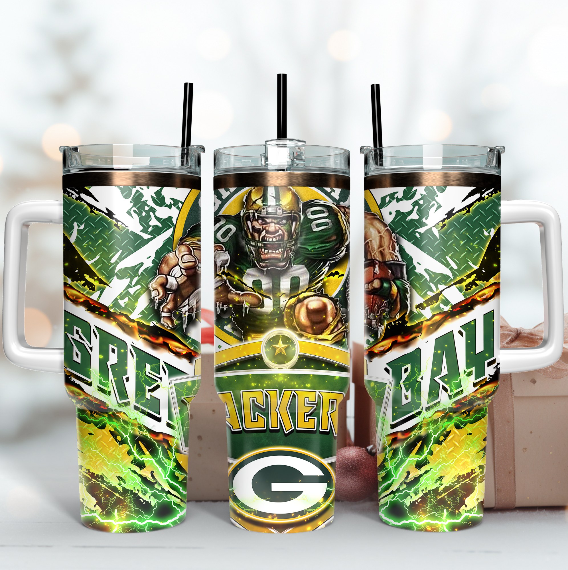 Green Bay Packers NFL Mascot Custom Stanley Quencher 40oz Stainless Steel Tumbler With Handle