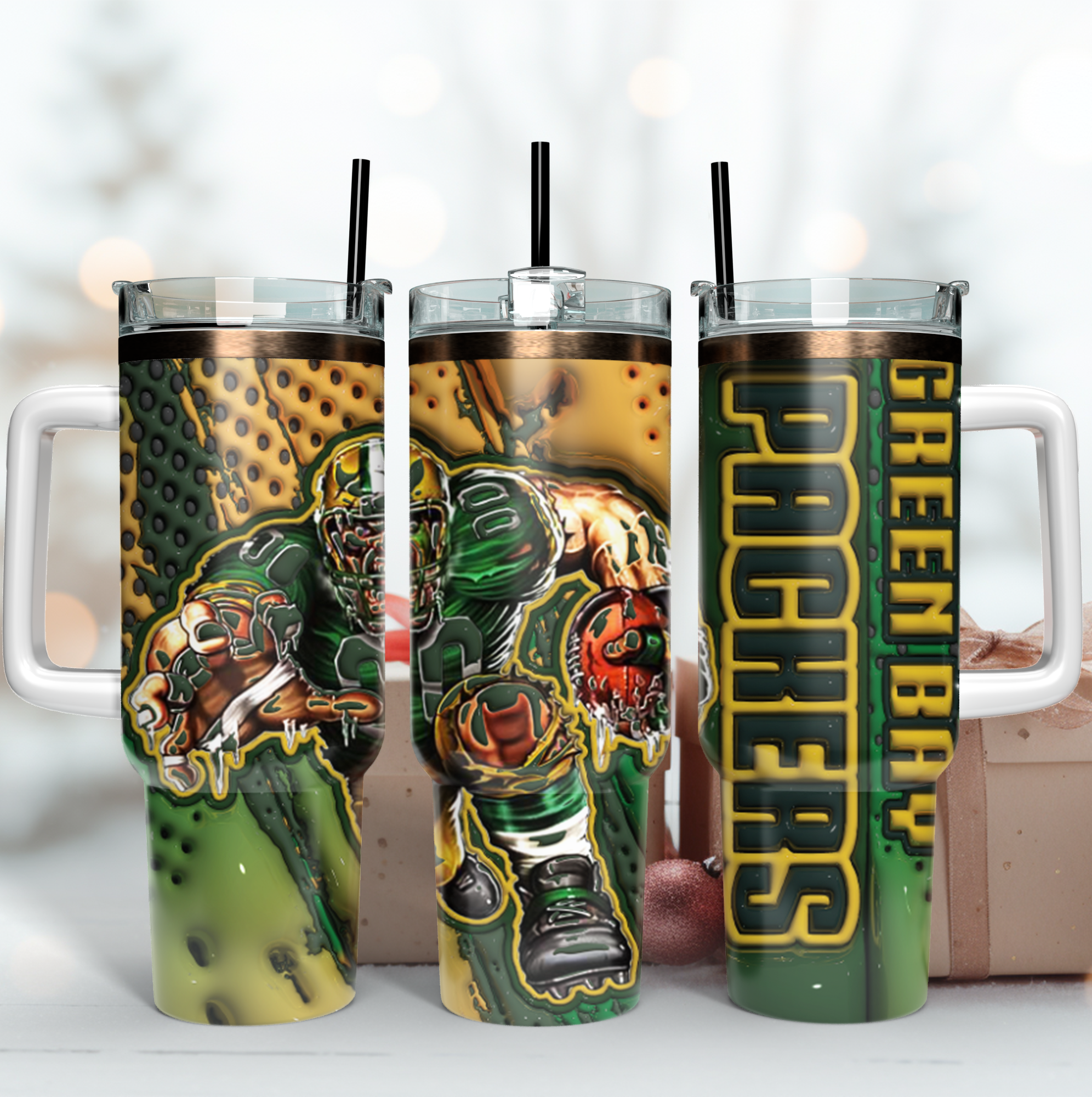 Green Bay Packers NFL Mascot Custom Stanley Quencher 40oz Stainless Steel Tumbler With Handle