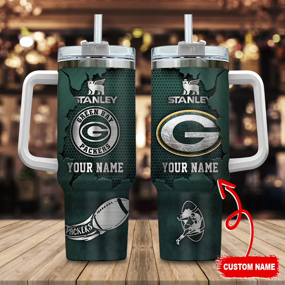 Green Bay Packers NFL Metal Style Custom Stanley Quencher 40oz Stainless Steel Tumbler With Handle