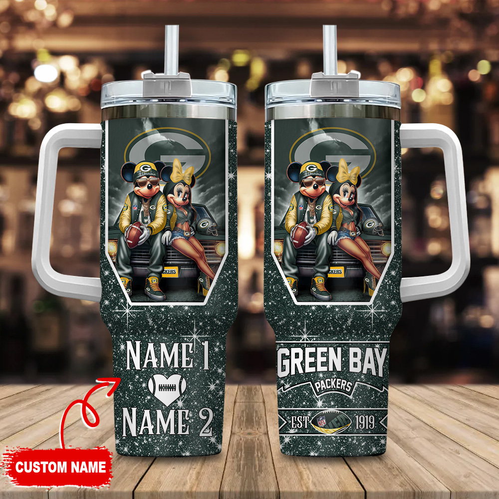 Green Bay Packers NFL Mickey And Minnie Couple Custom Stanley Quencher 40oz Stainless Steel Tumbler With Handle