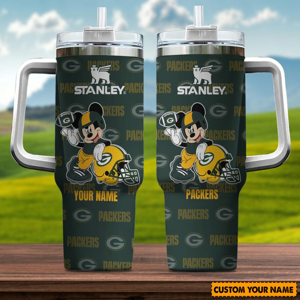 Green Bay Packers NFL Mickey Mouse Custom Stanley Quencher 40oz Stainless Steel Tumbler With Handle