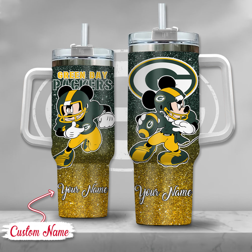 Green Bay Packers NFL Mickey Mouse Glitter Custom Stanley Quencher 40oz Stainless Steel Tumbler With Handle