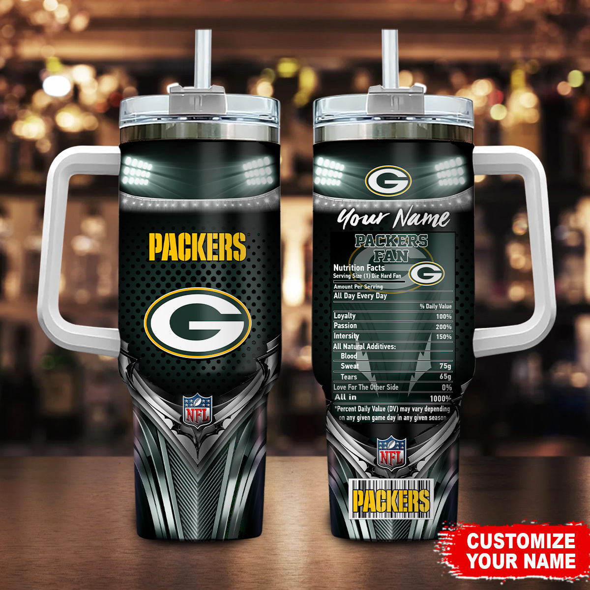 Green Bay Packers NFL Nutrition Facts Custom Stanley Quencher 40oz Stainless Steel Tumbler With Handle