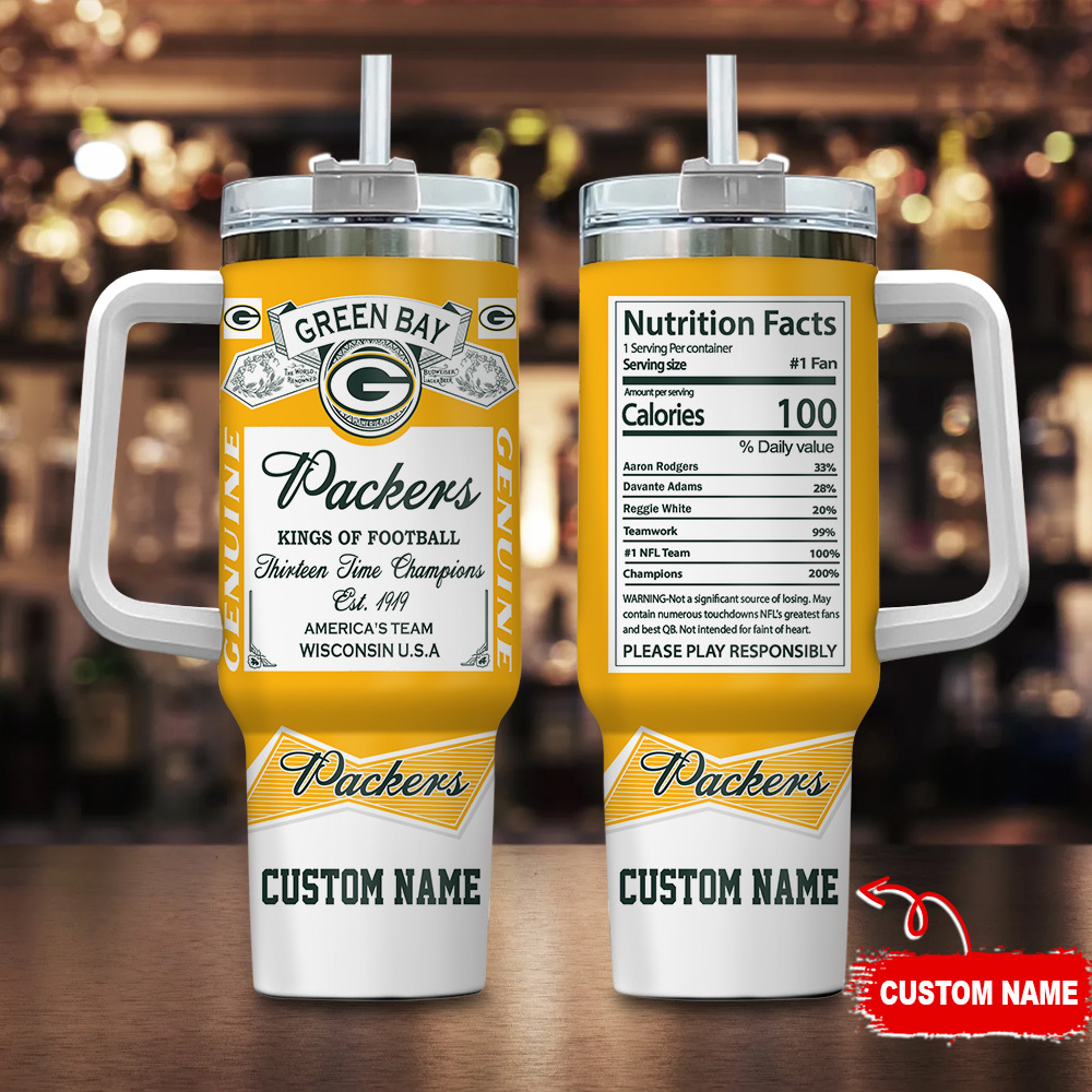 Green Bay Packers NFL Nutrition Facts Custom Stanley Quencher 40oz Stainless Steel Tumbler With Handle