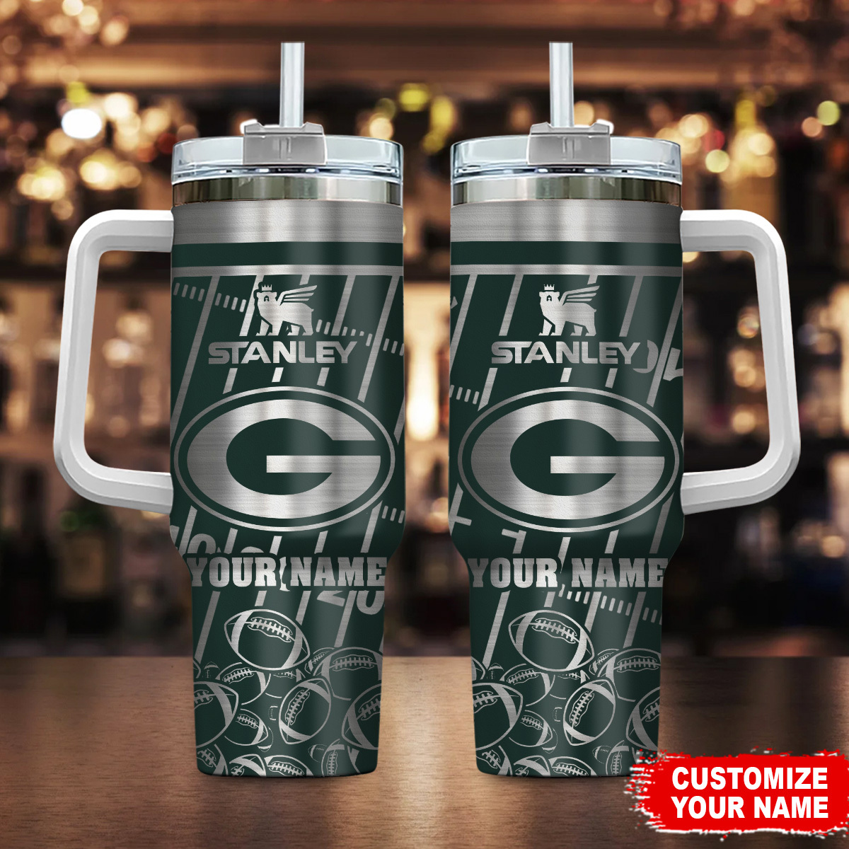 Green Bay Packers NFL Silver Custom Stanley Quencher 40oz Stainless Steel Tumbler With Handle