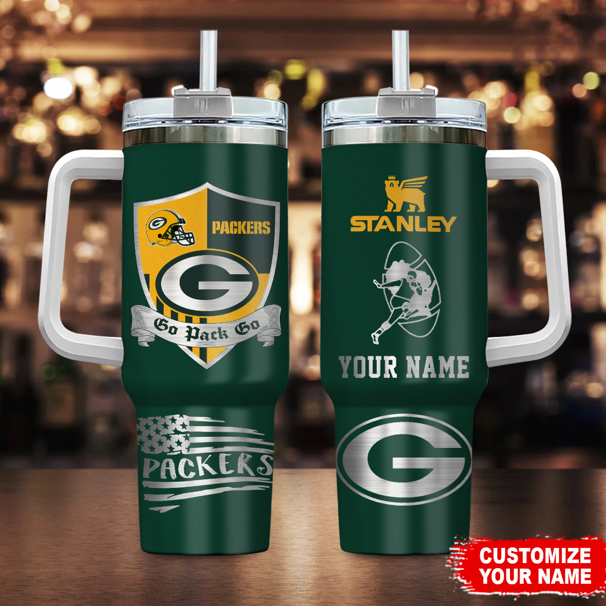 Green Bay Packers NFL Silver Logo Custom Stanley Quencher 40oz Stainless Steel Tumbler With Handle