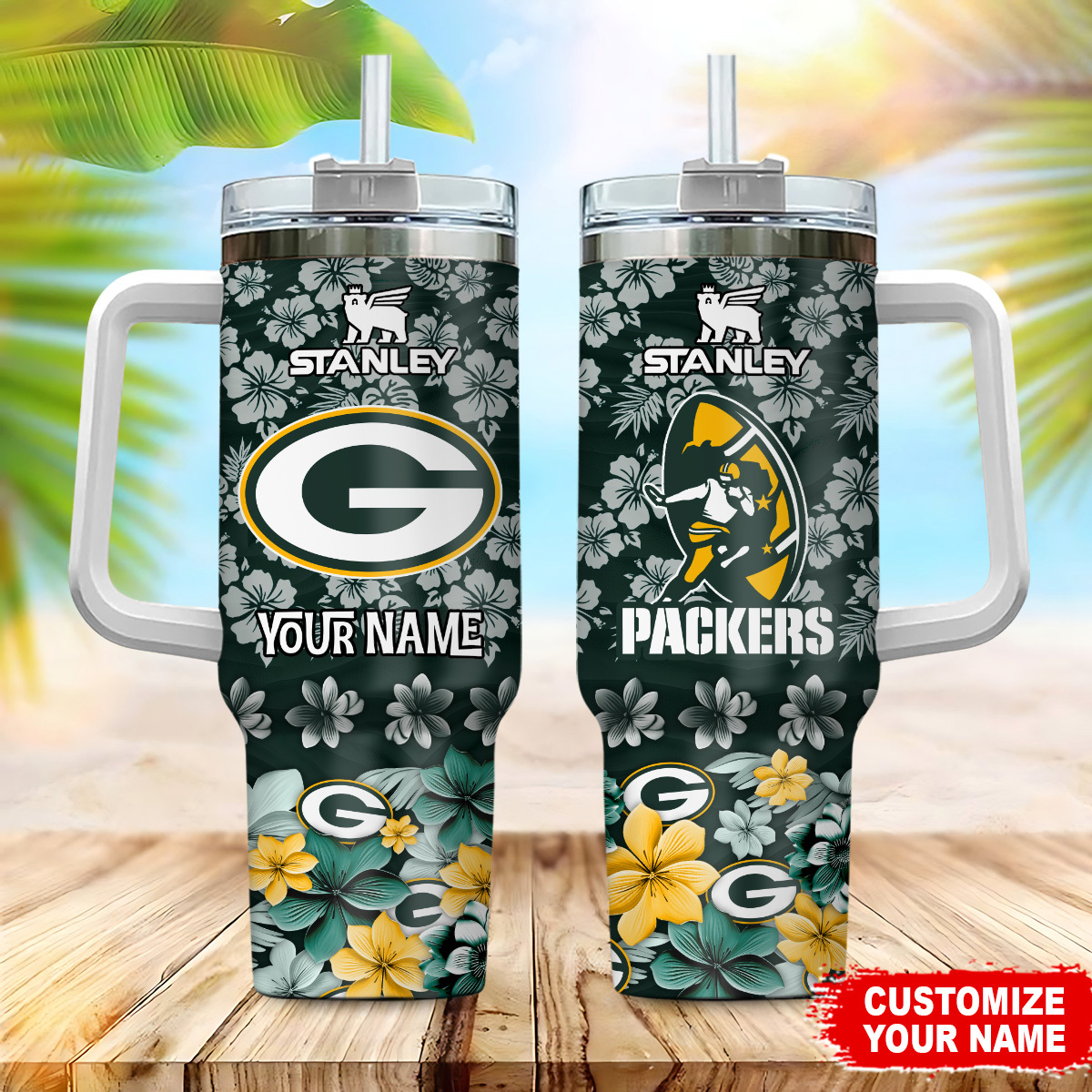 Green Bay Packers NFL Tropical Floral Custom Stanley Quencher 40oz Stainless Steel Tumbler With Handle