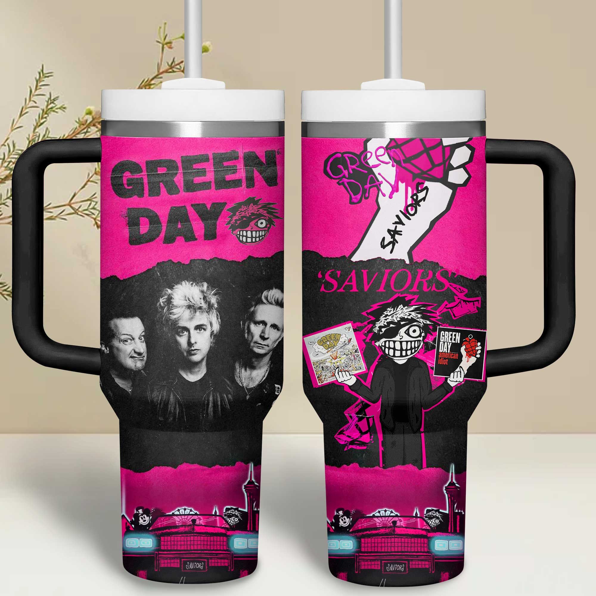 Green Day Music Custom Stanley Quencher 40oz Stainless Steel Tumbler With Handle