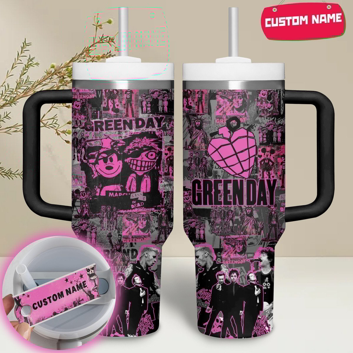 Green Day Music Custom Stanley Quencher 40oz Stainless Steel Tumbler With Handle