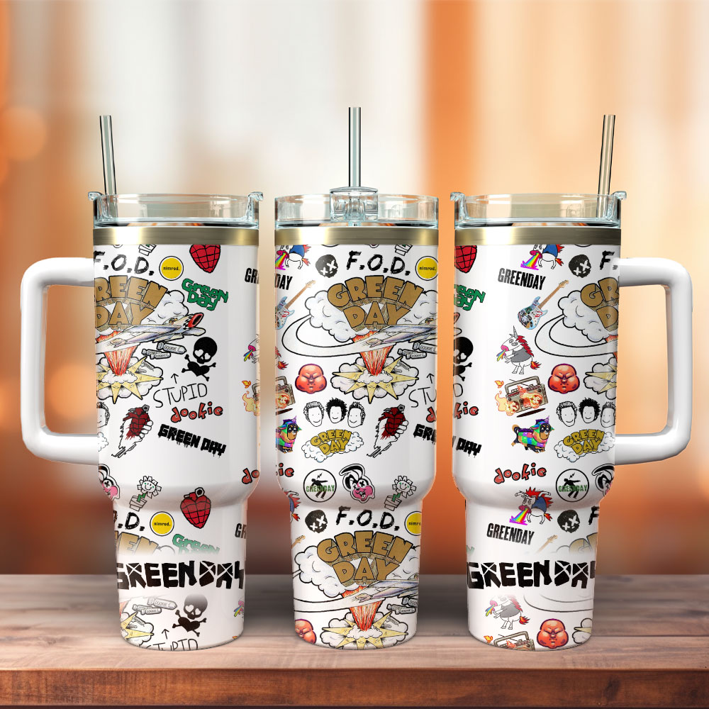 Green Day Music Custom Stanley Quencher 40oz Stainless Steel Tumbler With Handle