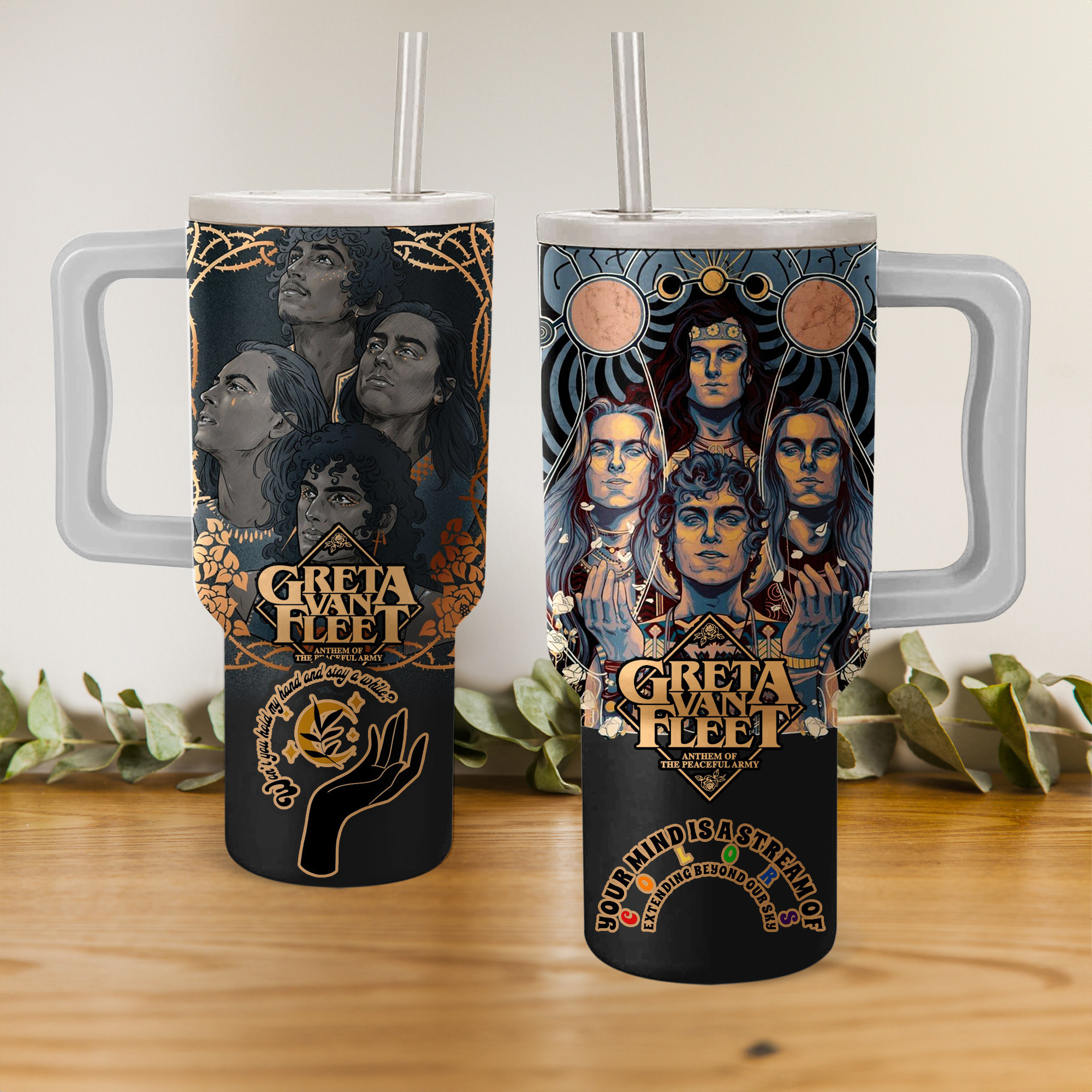 Greta Van Fleet Music Custom Stanley Quencher 40oz Stainless Steel Tumbler With Handle