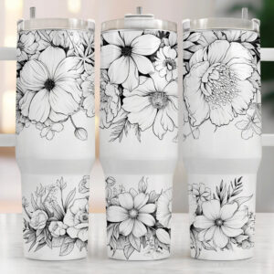 Greyscale Floral Custom Stanley Quencher 40oz Stainless Steel Tumbler With Handle