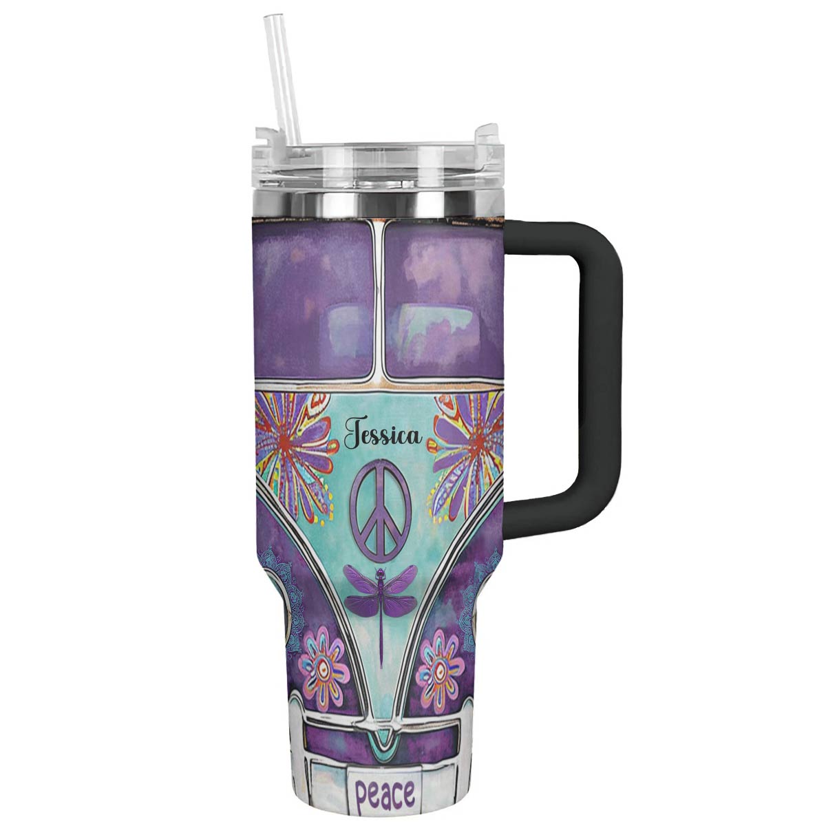 Groovy Van Flower Custom Stanley Quencher 40oz Stainless Steel Tumbler With Handle