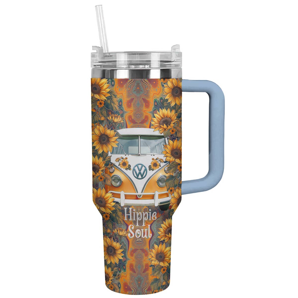 Groovy Van Flower Custom Stanley Quencher 40oz Stainless Steel Tumbler With Handle