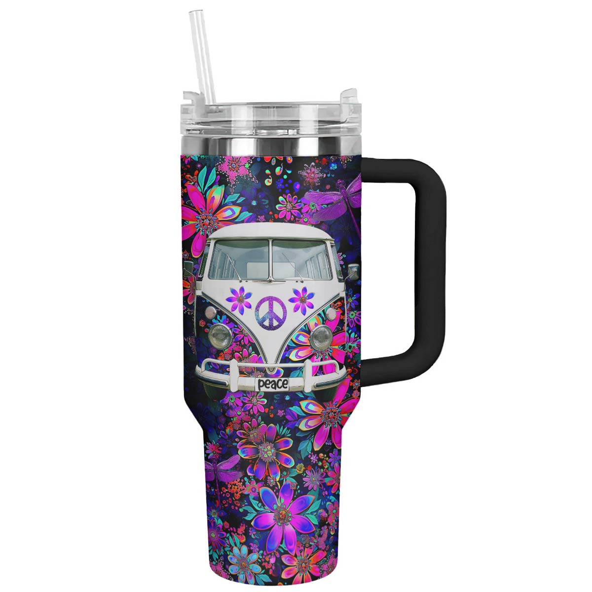 Groovy Van Flower Custom Stanley Quencher 40oz Stainless Steel Tumbler With Handle