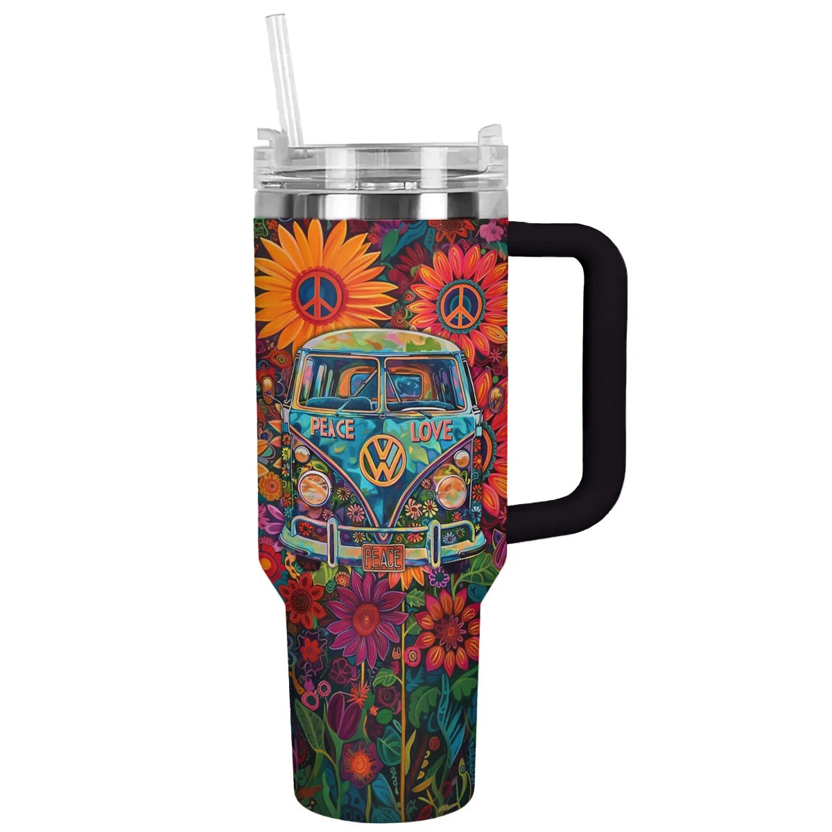 Groovy Van Flower Custom Stanley Quencher 40oz Stainless Steel Tumbler With Handle