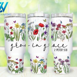 Grow in Grace Faith Custom Stanley Quencher 40oz Stainless Steel Tumbler With Handle