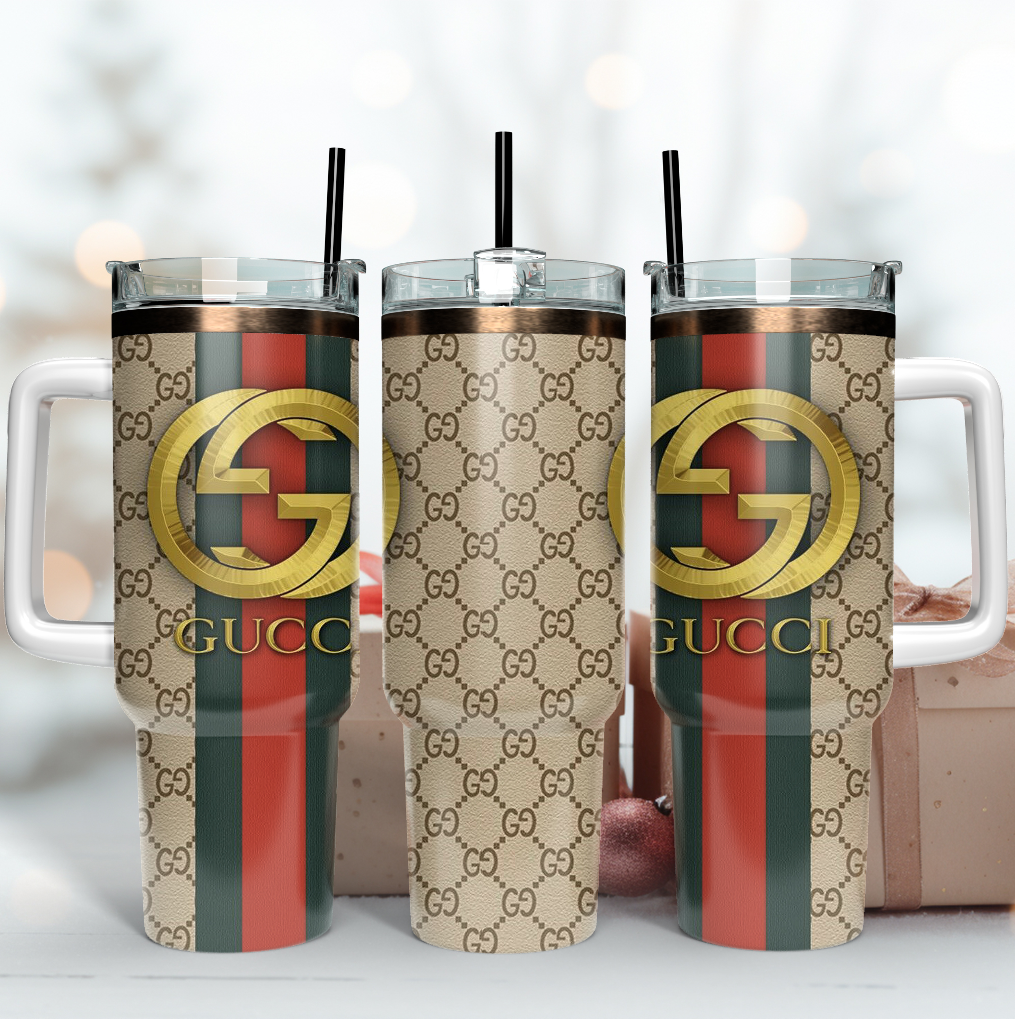 Gucci 3D Logo Pattern Custom Stanley Quencher 40oz Stainless Steel Tumbler With Handle