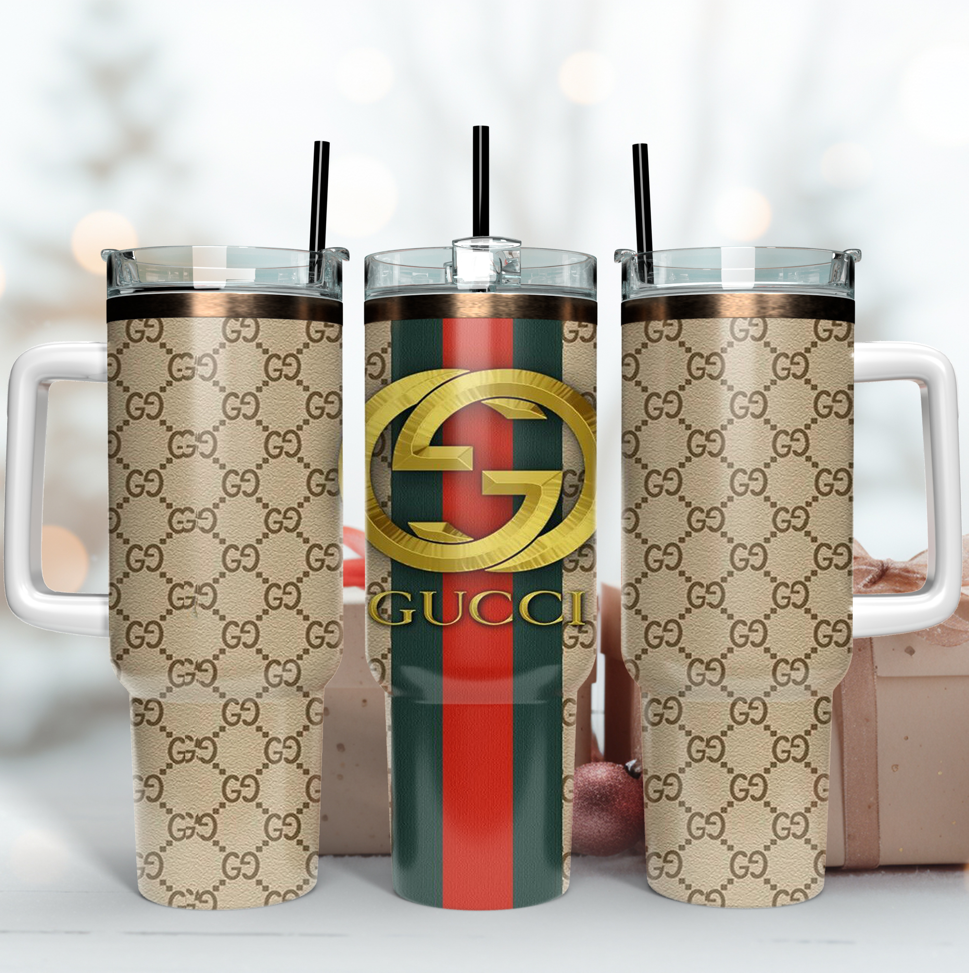 Gucci 3D Logo Pattern Custom Stanley Quencher 40oz Stainless Steel Tumbler With Handle