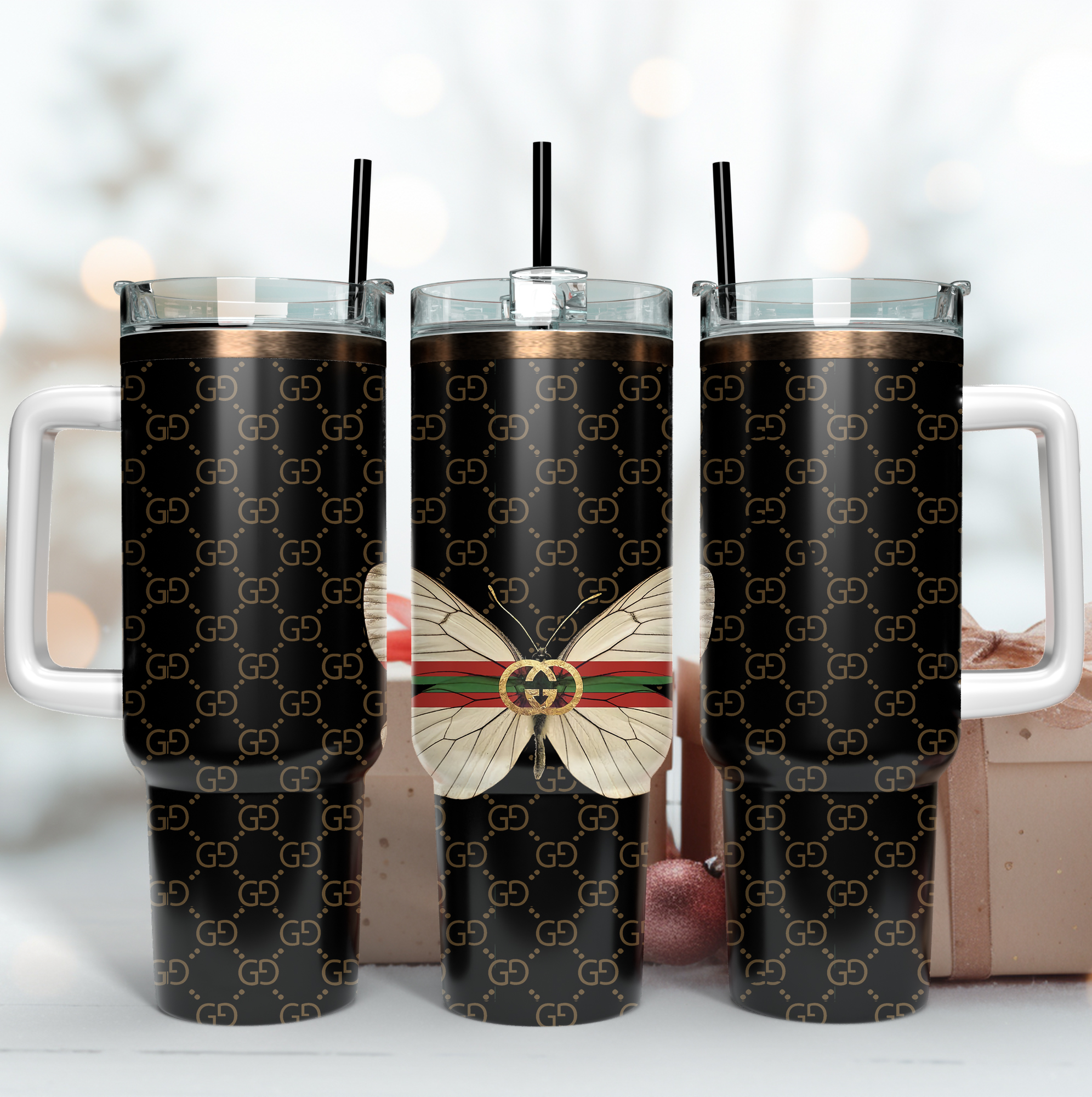 Gucci Butterfly Logo Custom Stanley Quencher 40oz Stainless Steel Tumbler With Handle