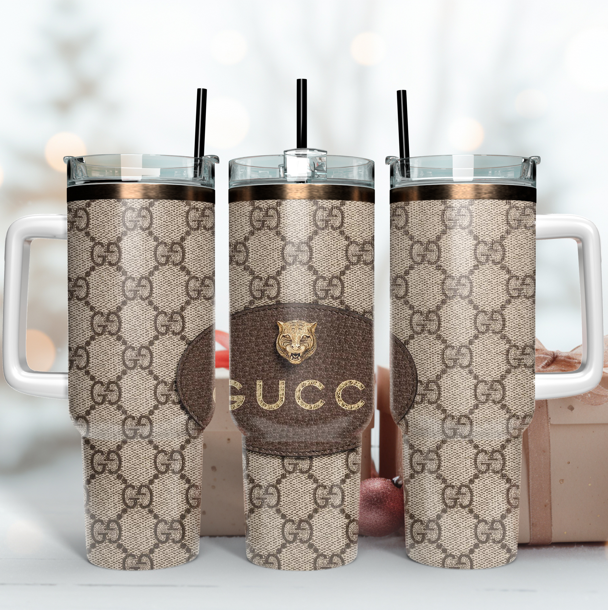 Gucci Leather Pattern Custom Stanley Quencher 40oz Stainless Steel Tumbler With Handle