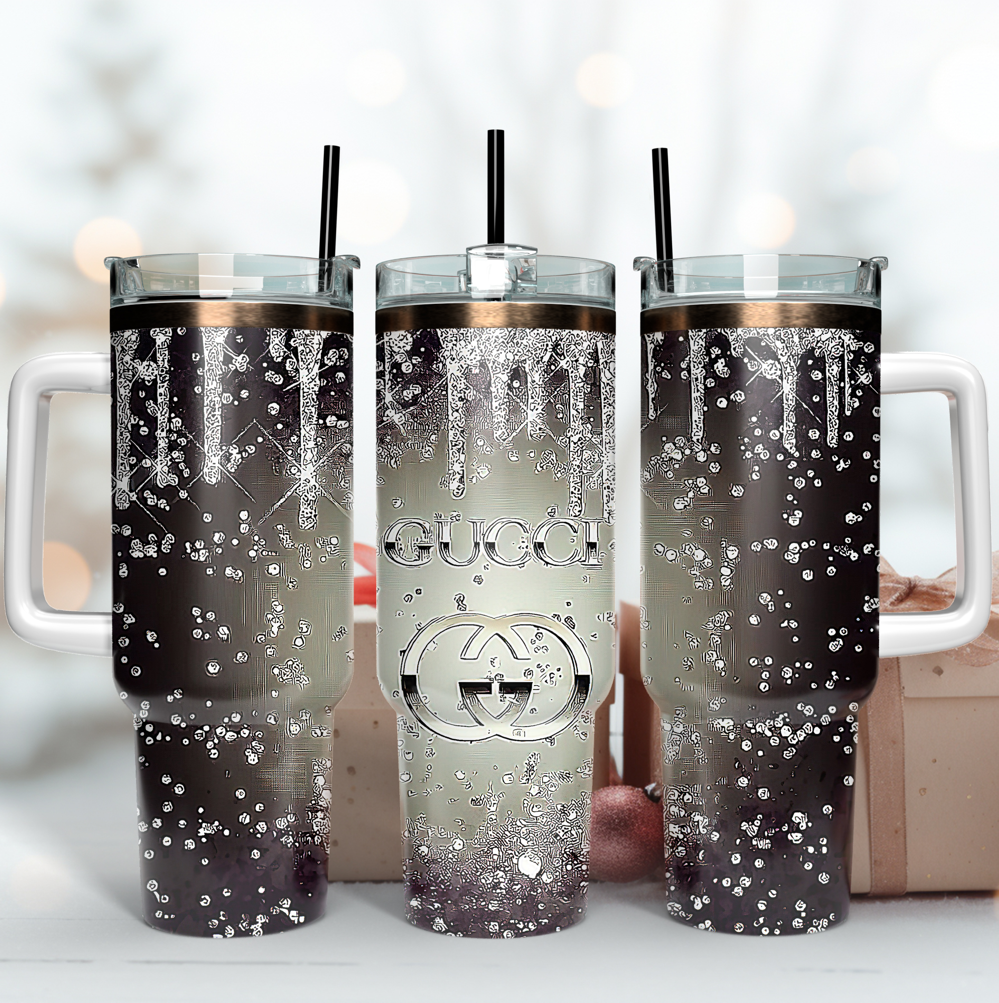 Gucci Logo Glitter Custom Stanley Quencher 40oz Stainless Steel Tumbler With Handle