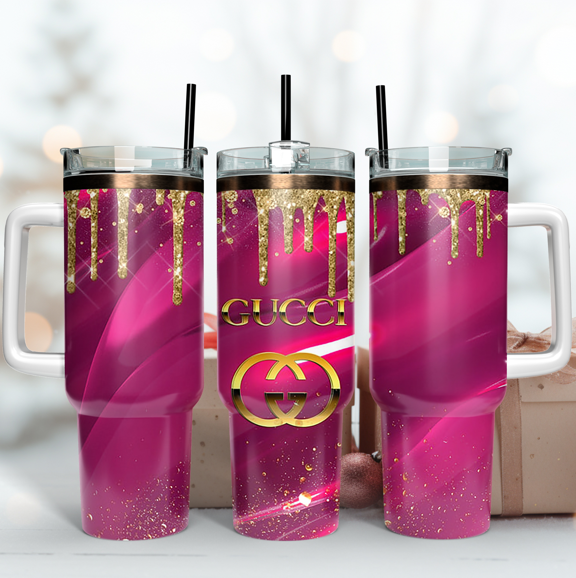 Gucci Logo Glitter Pink Pattern Custom Stanley Quencher 40oz Stainless Steel Tumbler With Handle