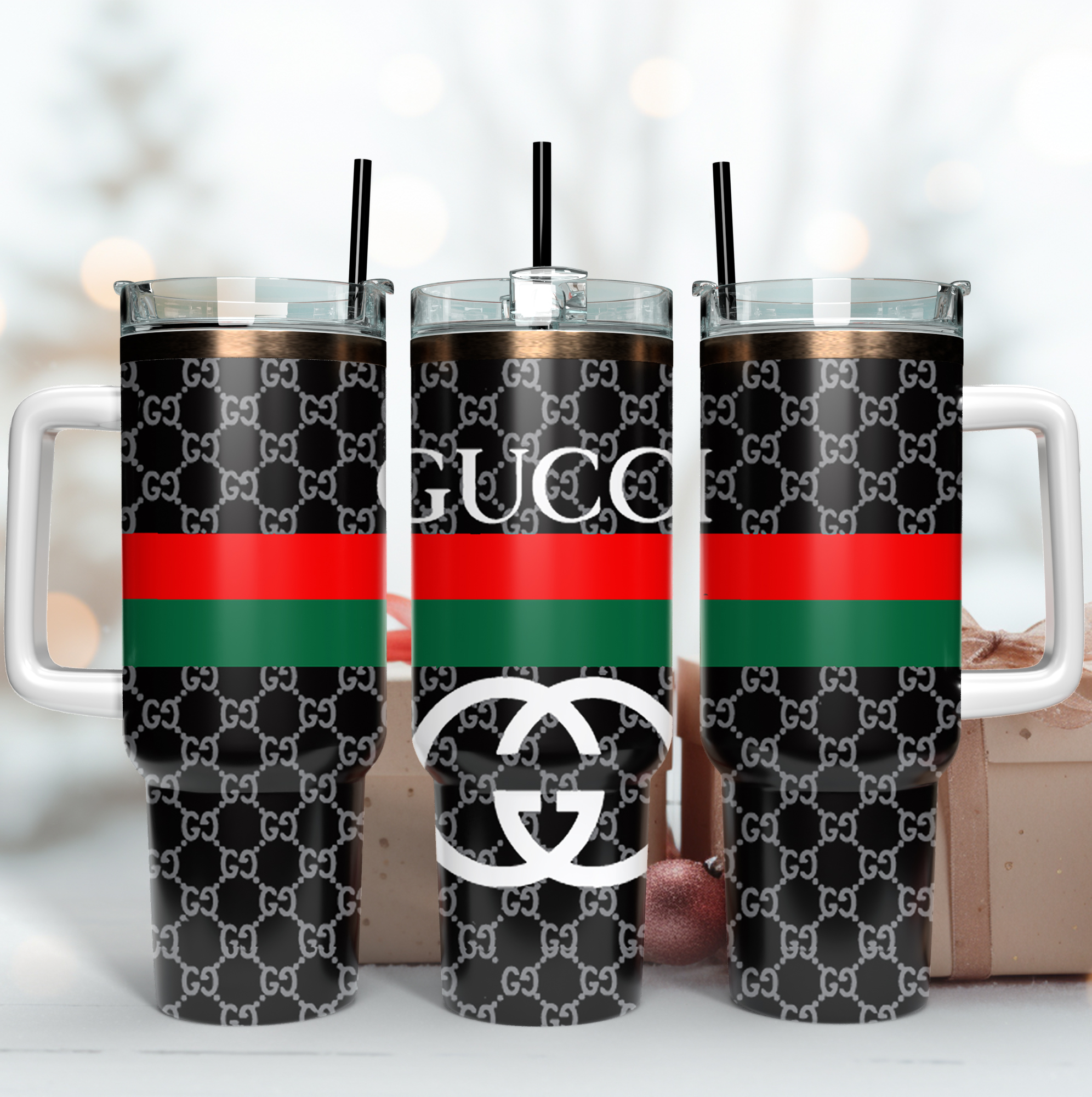 Gucci Logo Pattern Custom Stanley Quencher 40oz Stainless Steel Tumbler With Handle