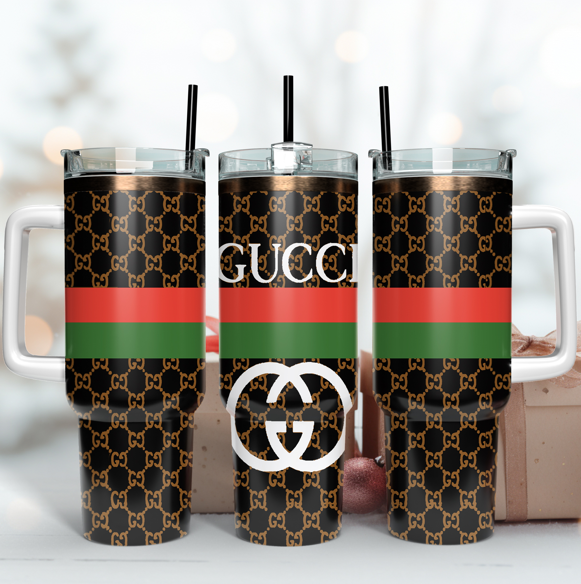 Gucci Logo Pattern Custom Stanley Quencher 40oz Stainless Steel Tumbler With Handle