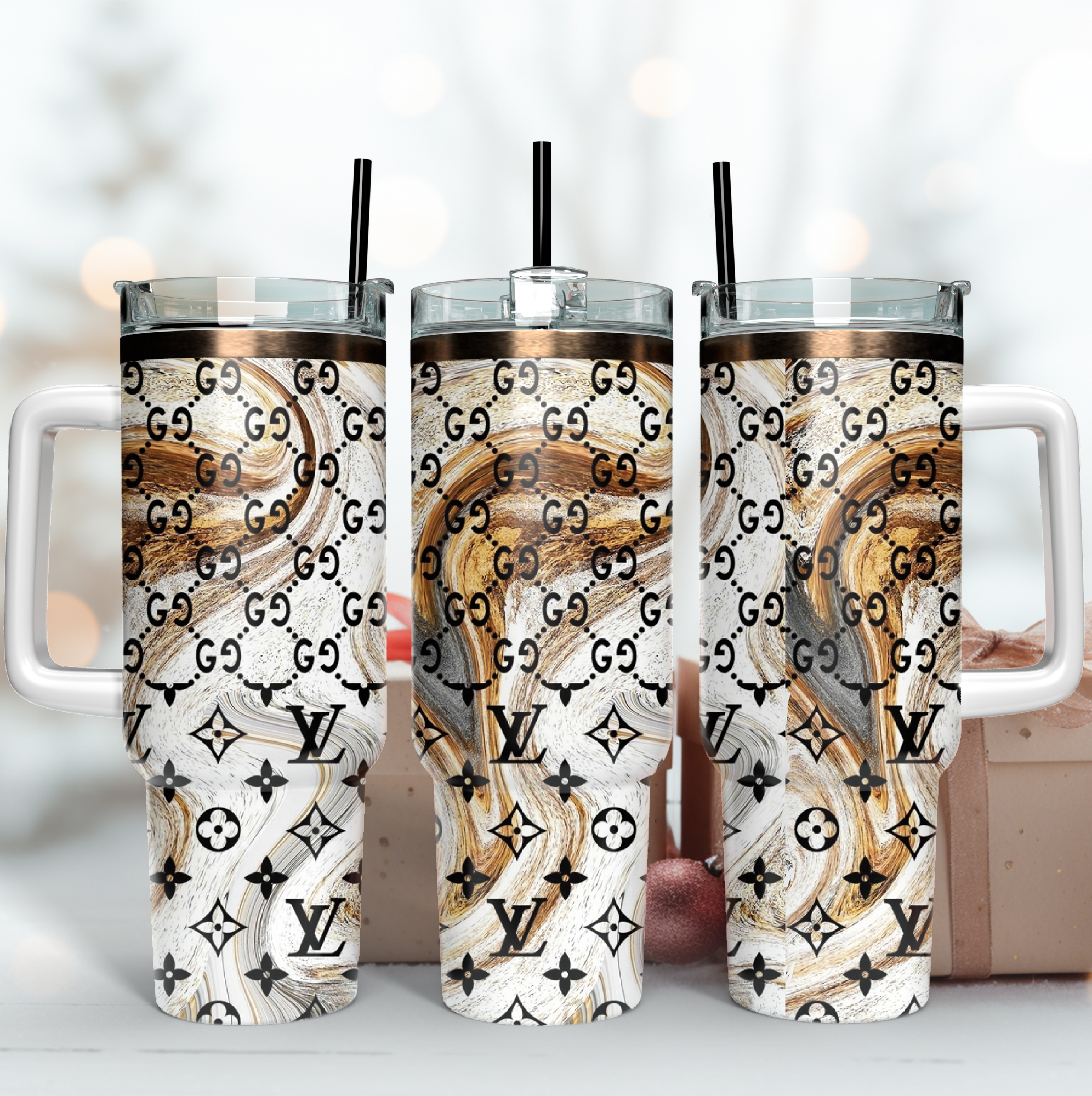 Gucci X LV Logo Custom Stanley Quencher 40oz Stainless Steel Tumbler With Handle