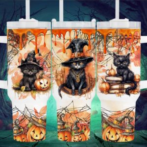Halloween Black Cat Pumpkin Custom Stanley Quencher 40oz Stainless Steel Tumbler With Handle