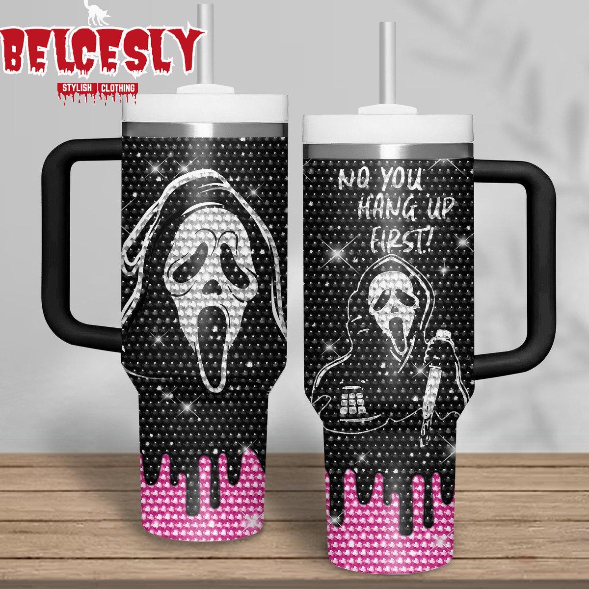 Halloween Bling Ghostface Scream Movies Custom Stanley Quencher 40oz Stainless Steel Tumbler With Handle