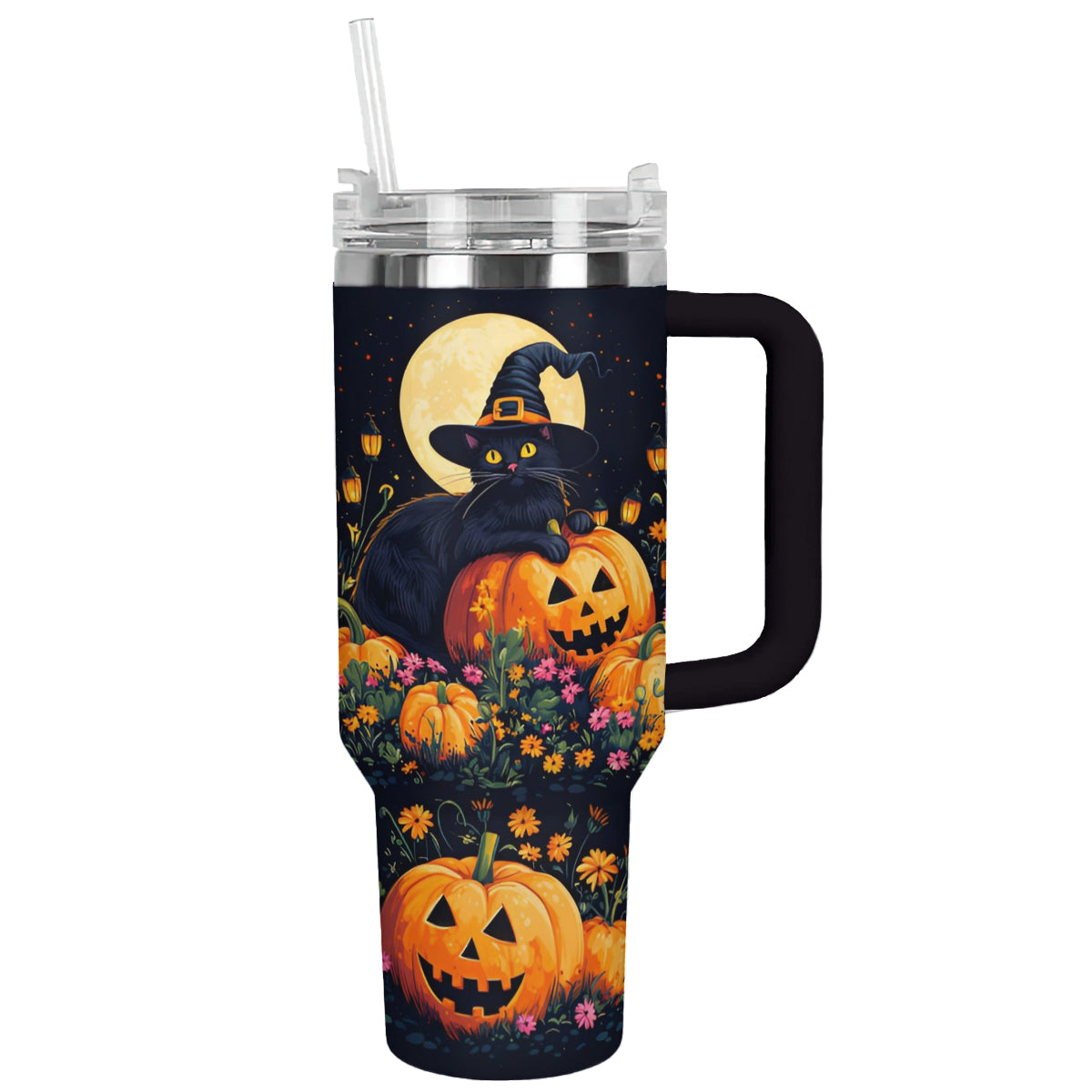 Halloween Cat Garden Custom Stanley Quencher 40oz Stainless Steel Tumbler With Handle