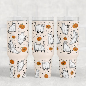 Halloween Cute Ghost Cat Custom Stanley Quencher 40oz Stainless Steel Tumbler With Handle