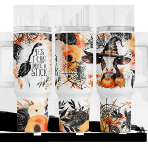 Halloween Floral Cow Witch Vibes Custom Stanley Quencher 40oz Stainless Steel Tumbler With Handle