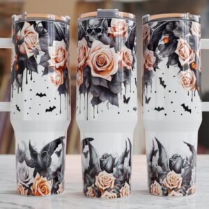 Halloween Floral Goth Bats Custom Stanley Quencher 40oz Stainless Steel Tumbler With Handle