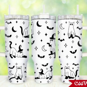 Halloween Ghost Cat Custom Stanley Quencher 40oz Stainless Steel Tumbler With Handle