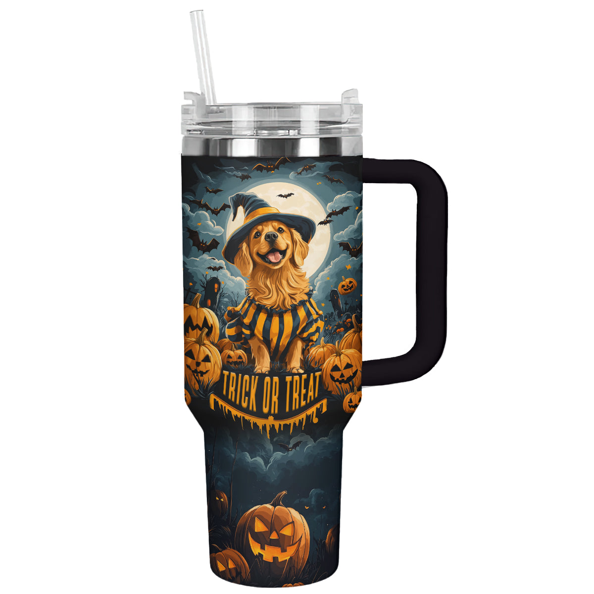 Halloween Golden Trick Or Treat Custom Stanley Quencher 40oz Stainless Steel Tumbler With Handle