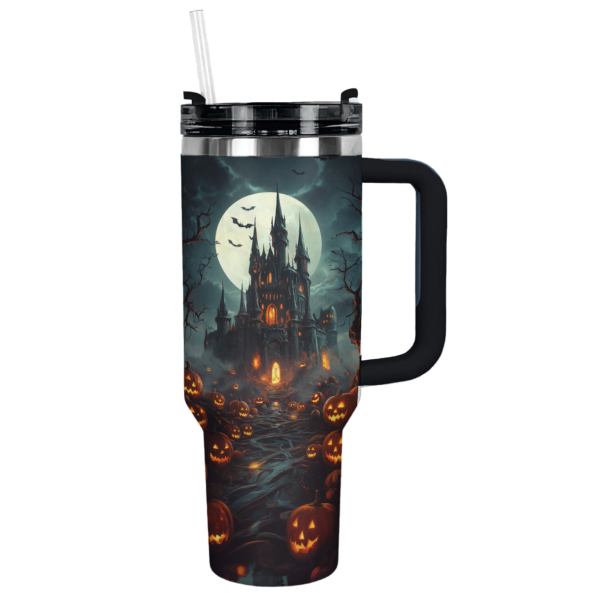 Halloween Haunted Castle Custom Stanley Quencher 40oz Stainless Steel Tumbler With Handle
