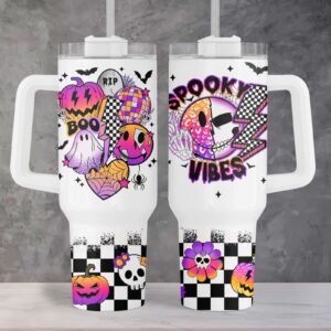 Halloween Retro Spooky Vibes Custom Stanley Quencher 40oz Stainless Steel Tumbler With Handle