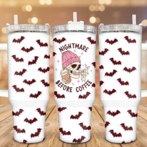 Halloween Skull And Bats Custom Stanley Quencher 40oz Stainless Steel Tumbler With Handle