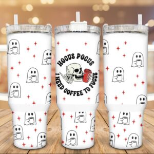 Halloween Skull And Ghosts Custom Stanley Quencher 40oz Stainless Steel Tumbler With Handle