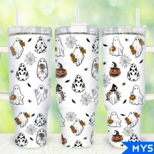 Halloween Spooky Ghosts Custom Stanley Quencher 40oz Stainless Steel Tumbler With Handle