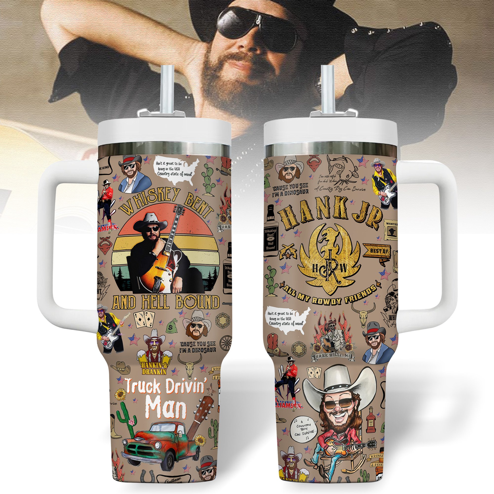 Hank Williams Jr. Music Custom Stanley Quencher 40oz Stainless Steel Tumbler With Handle