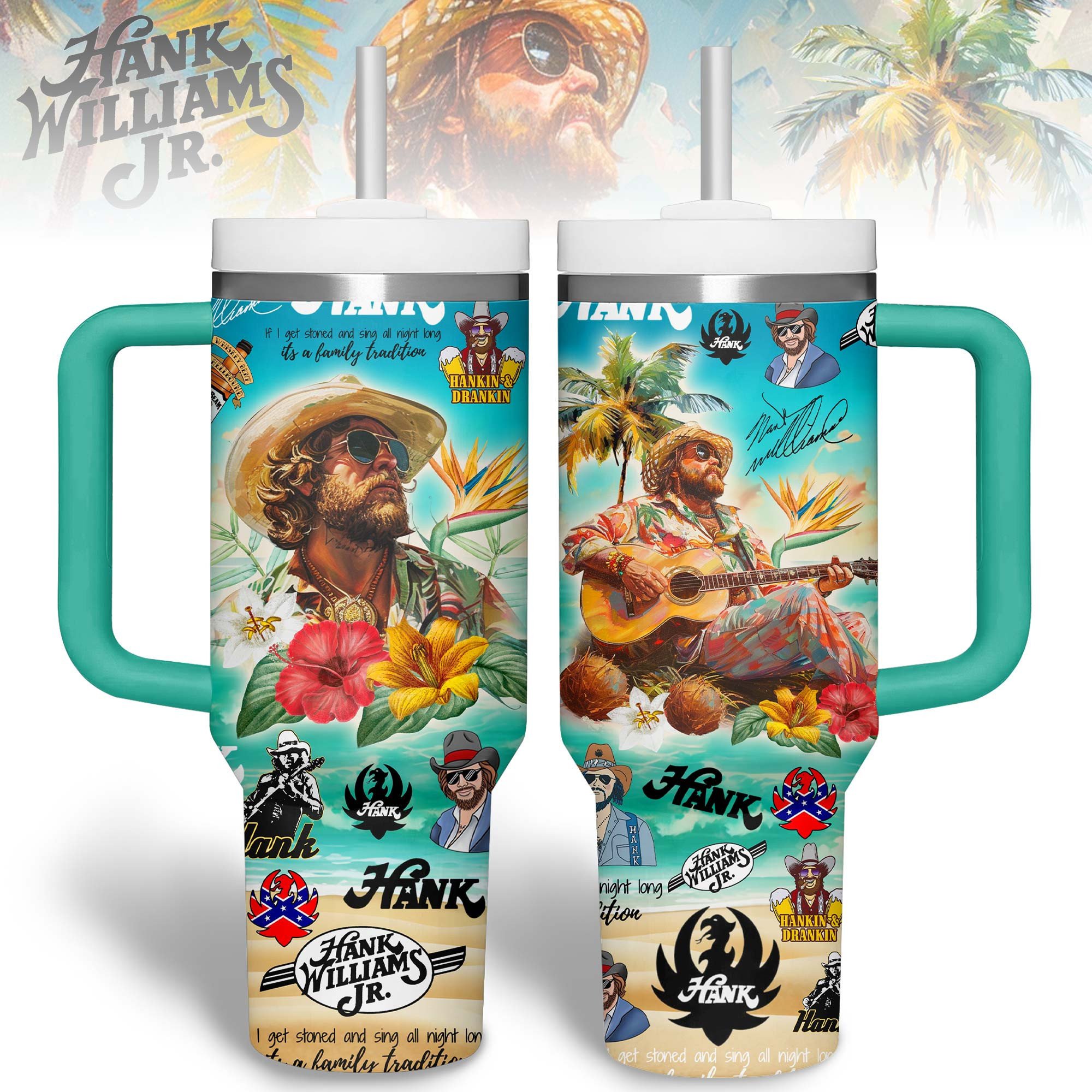 Hank Williams Jr. Music Custom Stanley Quencher 40oz Stainless Steel Tumbler With Handle