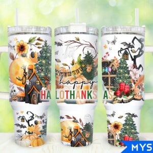 Happy Hallothanksmas Custom Stanley Quencher 40oz Stainless Steel Tumbler With Handle