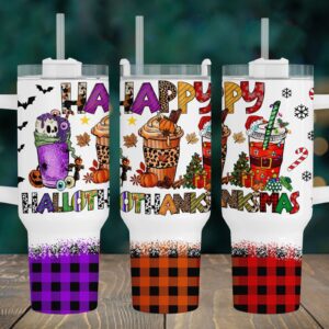 Happy Hallowthanksmas Custom Stanley Quencher 40oz Stainless Steel Tumbler With Handle